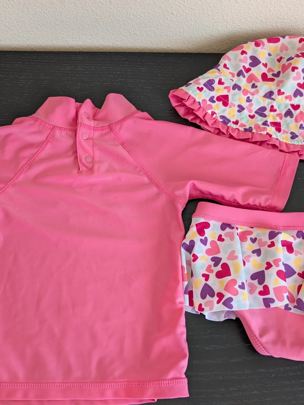 Pink Heart Rash Guard Swim Set with Hat and Skirted Bottom Girl 2T